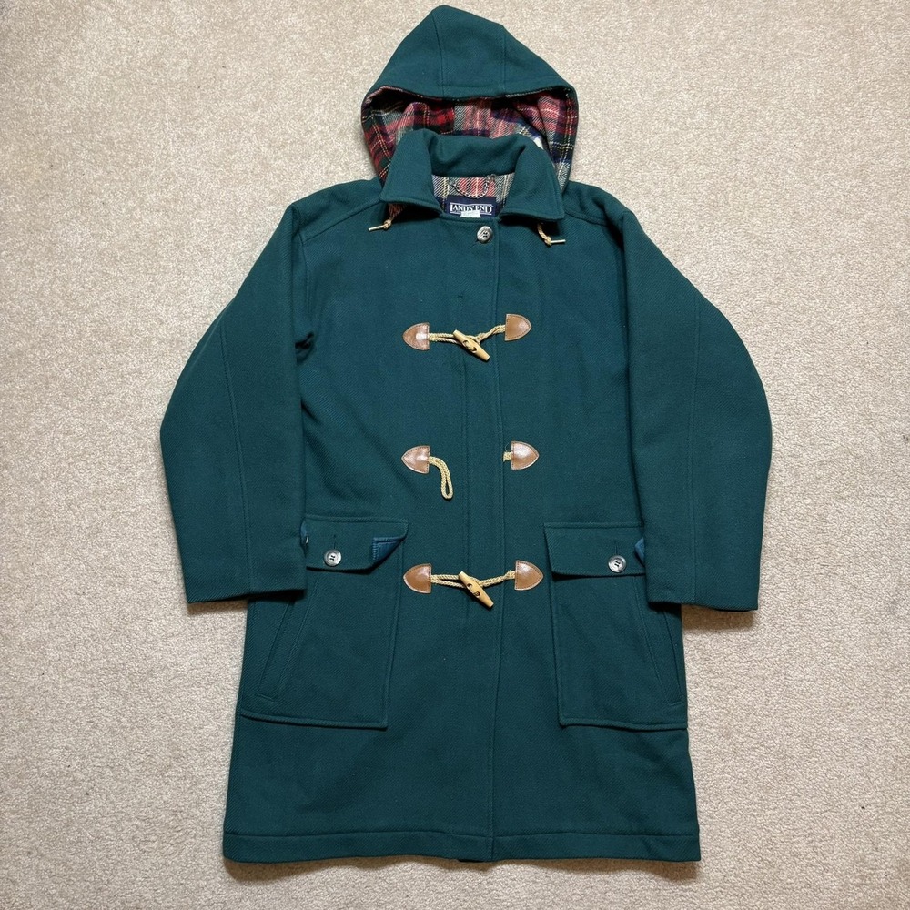 Vtg Lands End Duffle Coat Womens Small Green Wool Hooded Toggle Plaid USA 80s